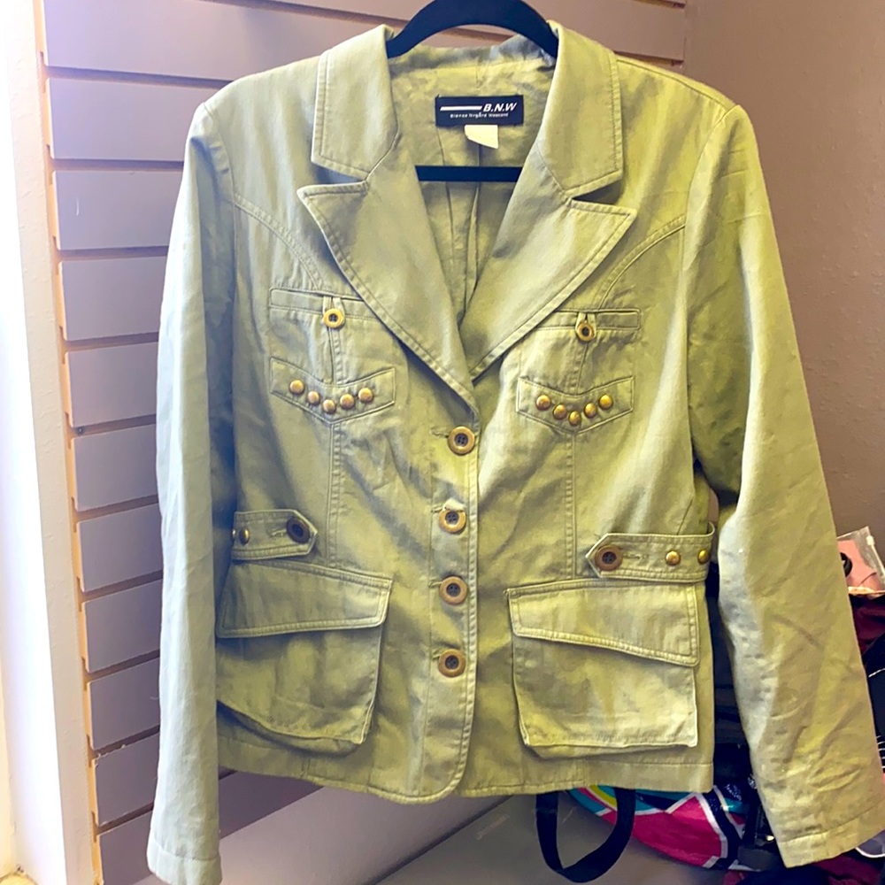Army green jacket with studs and button
